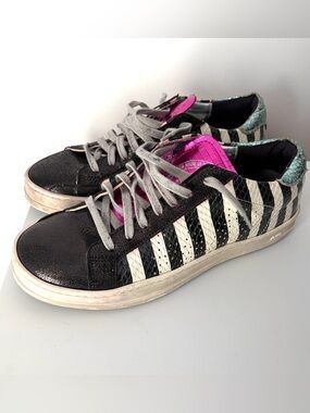 P448 Black & White Striped Low-Top Sneakers with  Metallic Pink Tongue